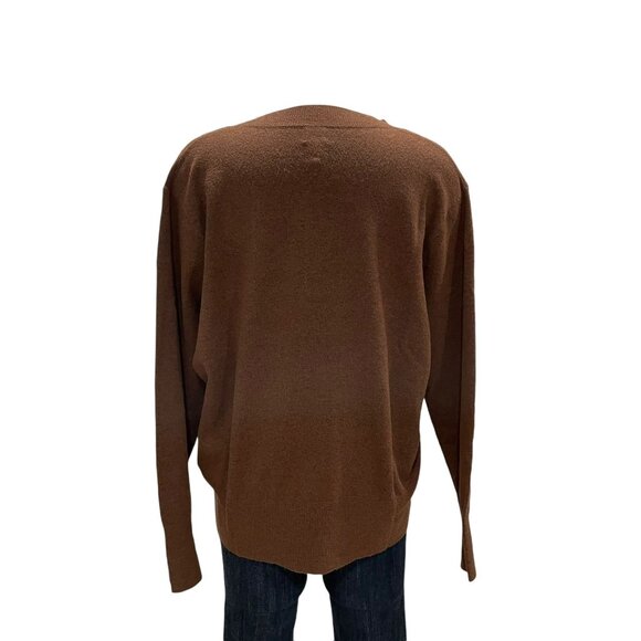 Womens Brown V-Neck Sweater L Recycled Polyester Oversized Sustainable Fall Soft - Picture 9 of 10